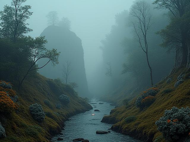 Paesaggio surreale con elementi naturali e artificiali in una composizione insolita