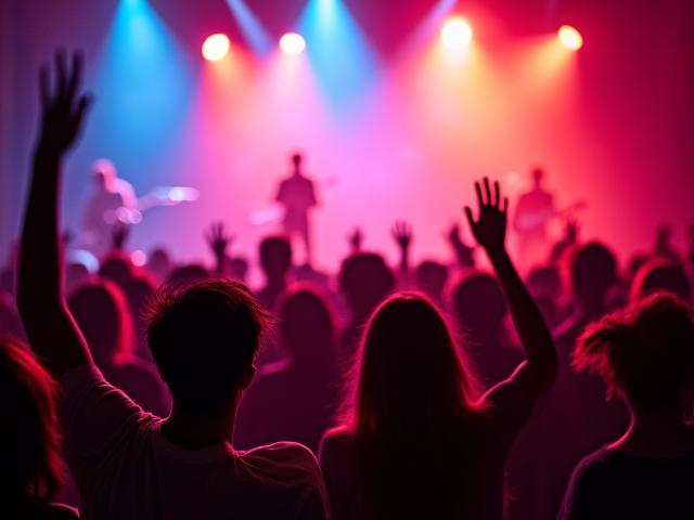 Folla entusiasta ad un concerto, luci sceniche accese