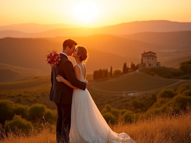 Coppia di sposi al tramonto in un paesaggio toscano