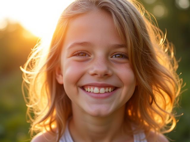 Ritratto di bambina sorridente con la luce del sole sui capelli