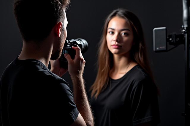 Fotografo esperto che utilizza l'illuminazione da studio per un ritratto avanzato.