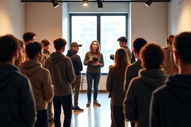 Un gruppo di principianti che imparano le basi della fotografia in un ambiente luminoso.