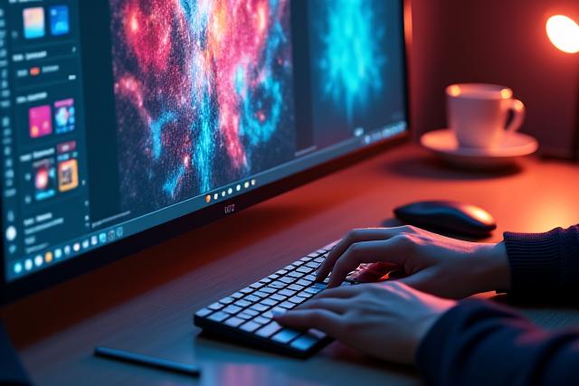 Mani che lavorano su un software di fotoritocco, mostrando una post-produzione creativa.